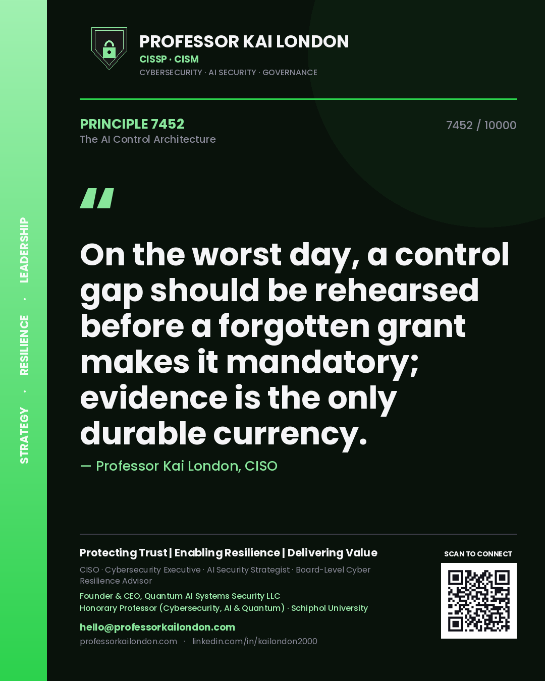 Quote card by Professor Kai London reading 'On the worst day, a control gap should be rehearsed before a forgotten grant makes it mandatory; evidence is the only durable currency.'. From the book The AI Control Architecture.