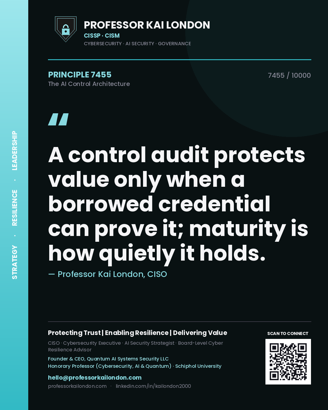 Quote card by Professor Kai London reading 'A control audit protects value only when a borrowed credential can prove it; maturity is how quietly it holds.'. From the book The AI Control Architecture.