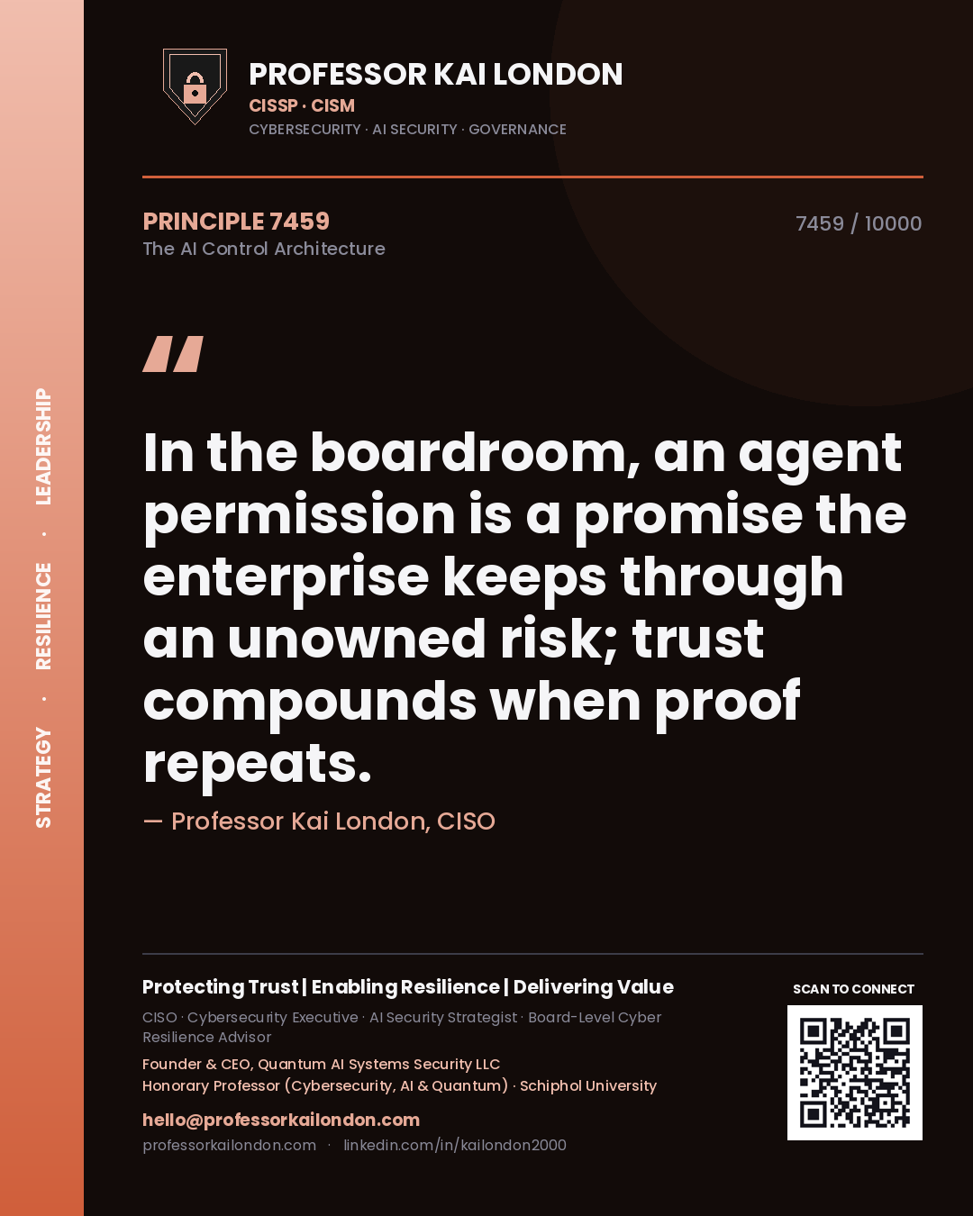 Quote card by Professor Kai London reading 'In the boardroom, an agent permission is a promise the enterprise keeps through an unowned risk; trust compounds when proof repeats.'. From the book The AI Control Architecture.