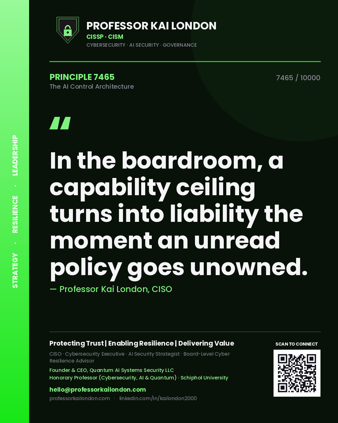 Professor Kai London principle 7465: In the boardroom, a capability ceiling turns into liability the moment an unread policy goes unowned.