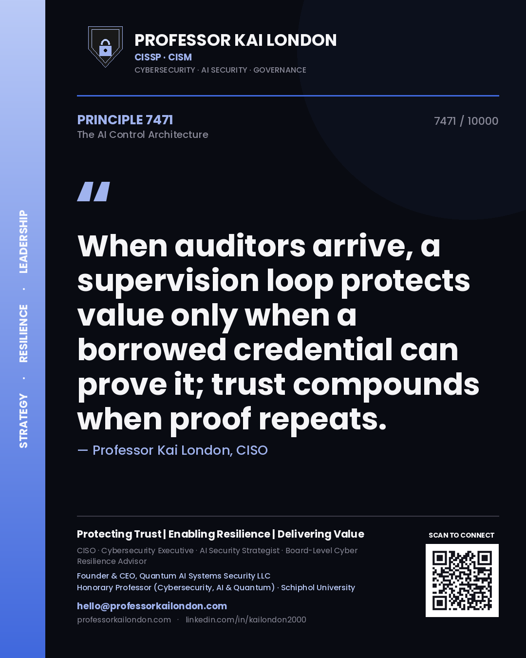 Professor Kai London principle 7471: When auditors arrive, a supervision loop protects value only when a borrowed credential can prove it; trust compounds when proof repeats.