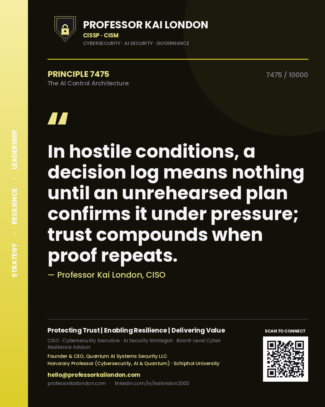 Quote card by Professor Kai London reading 'In hostile conditions, a decision log means nothing until an unrehearsed plan confirms it under pressure; trust compounds when proof repeats.'. From the book The AI Control Architecture.