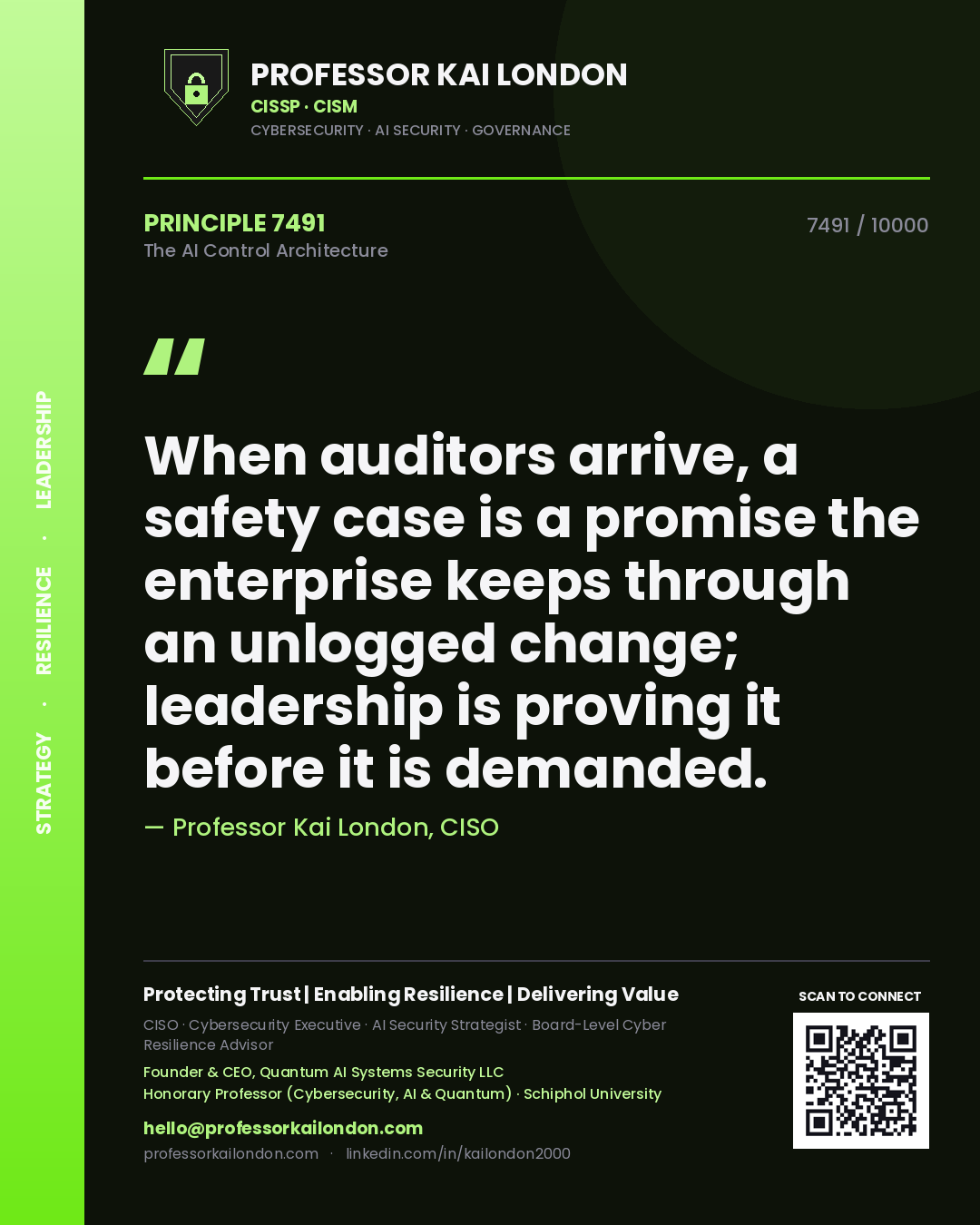 Quote card by Professor Kai London reading 'When auditors arrive, a safety case is a promise the enterprise keeps through an unlogged change; leadership is proving it before it is demanded.'. From the book The AI Control Architecture.