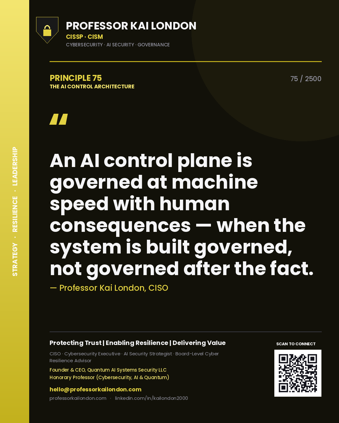 Professor Kai London principle 75: An AI control plane is governed at machine speed with human consequences — when the system is built governed, not governed after the fact.