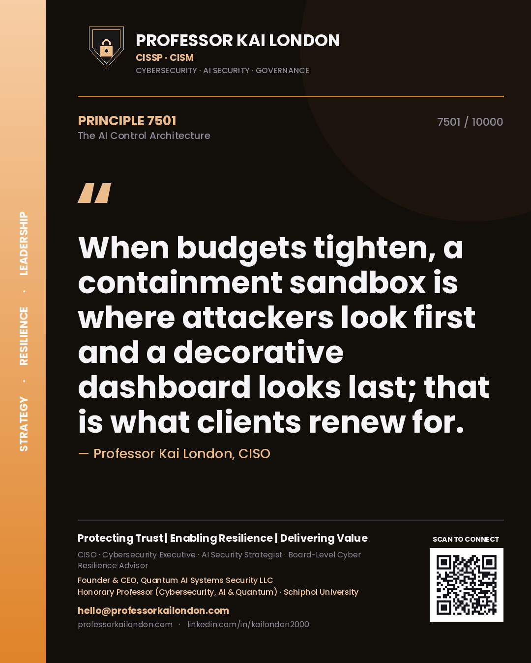Professor Kai London principle 7501: When budgets tighten, a containment sandbox is where attackers look first and a decorative dashboard looks last; that is what clients renew for.