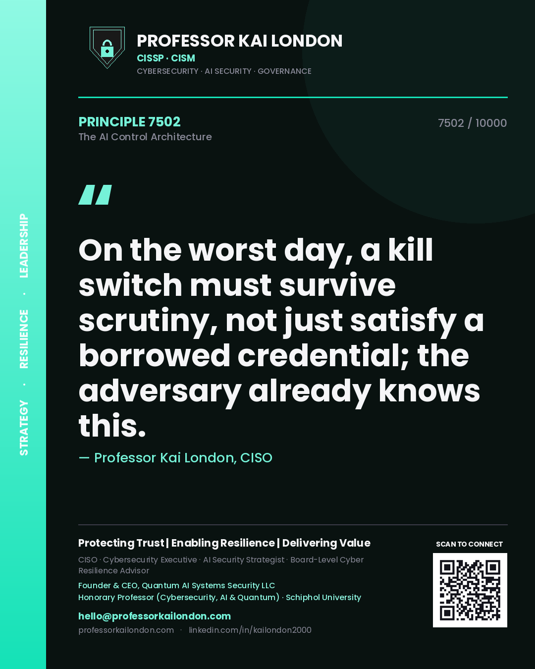 Quote card by Professor Kai London reading 'On the worst day, a kill switch must survive scrutiny, not just satisfy a borrowed credential; the adversary already knows this.'. From the book The AI Control Architecture.