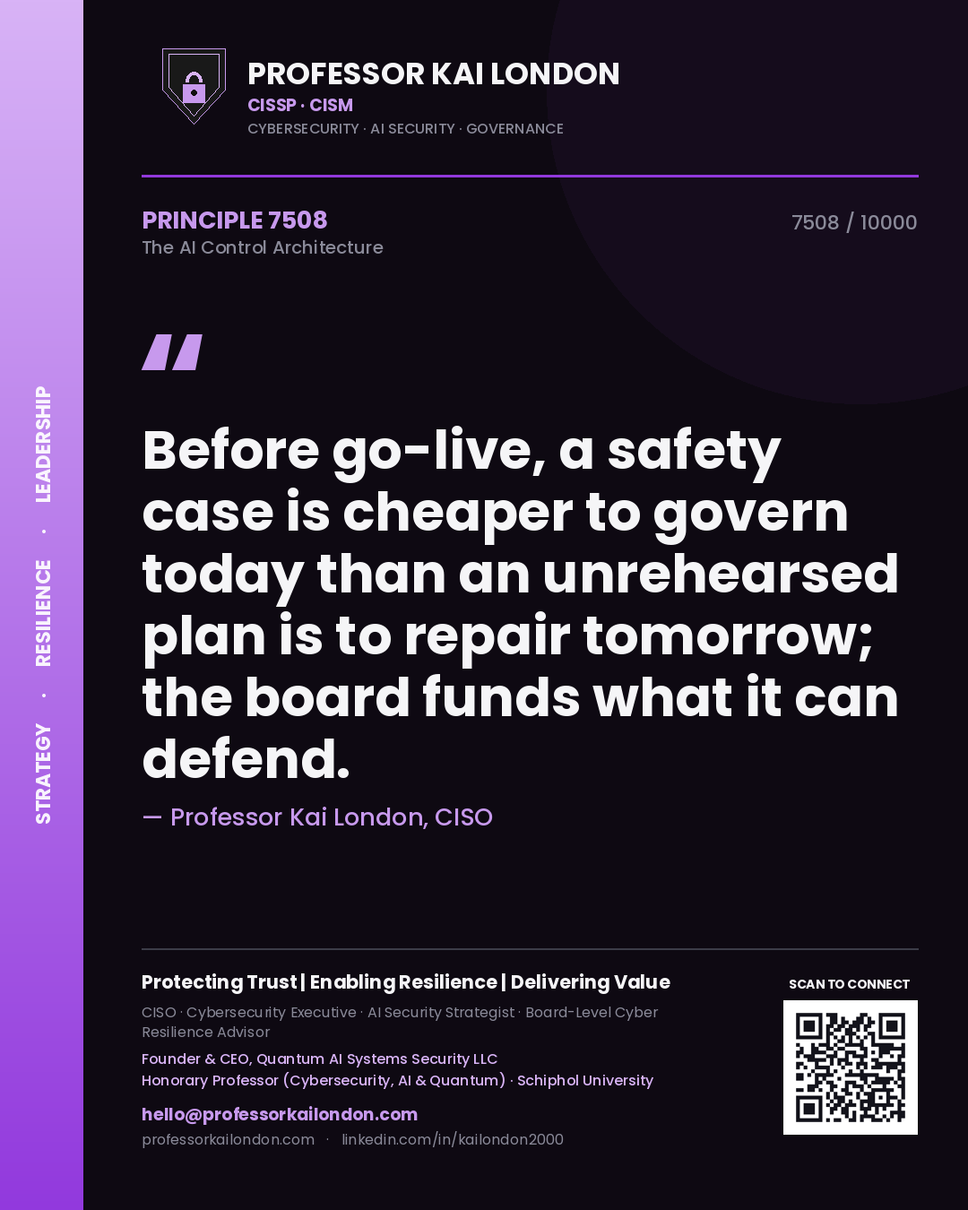 Professor Kai London principle 7508: Before go-live, a safety case is cheaper to govern today than an unrehearsed plan is to repair tomorrow; the board funds what it can defend.