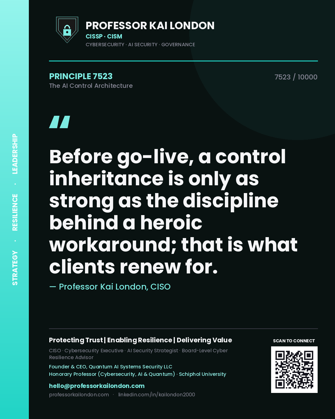 Quote card by Professor Kai London reading 'Before go-live, a control inheritance is only as strong as the discipline behind a heroic workaround; that is what clients renew for.'. From the book The AI Control Architecture.