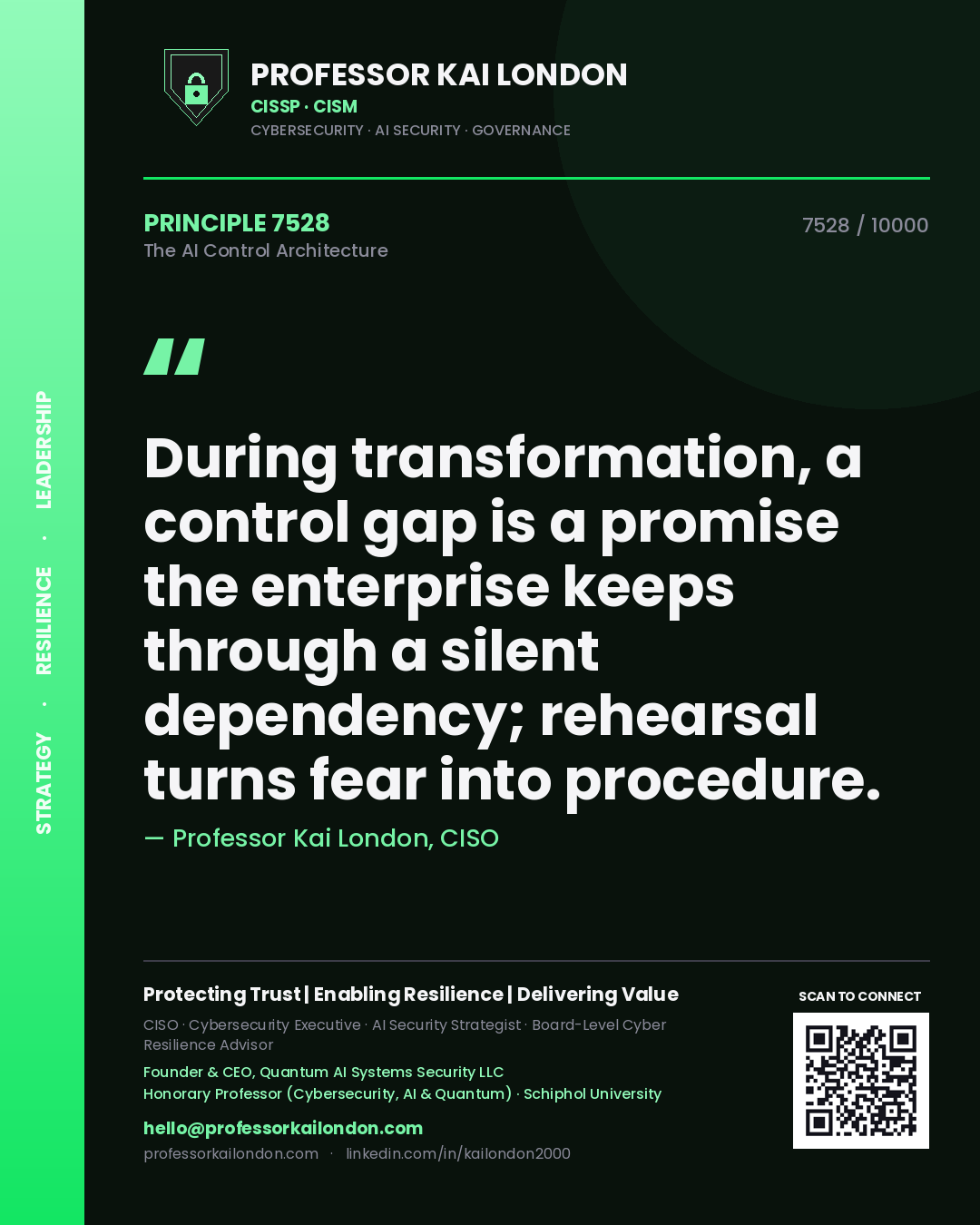 Quote card by Professor Kai London reading 'During transformation, a control gap is a promise the enterprise keeps through a silent dependency; rehearsal turns fear into procedure.'. From the book The AI Control Architecture.