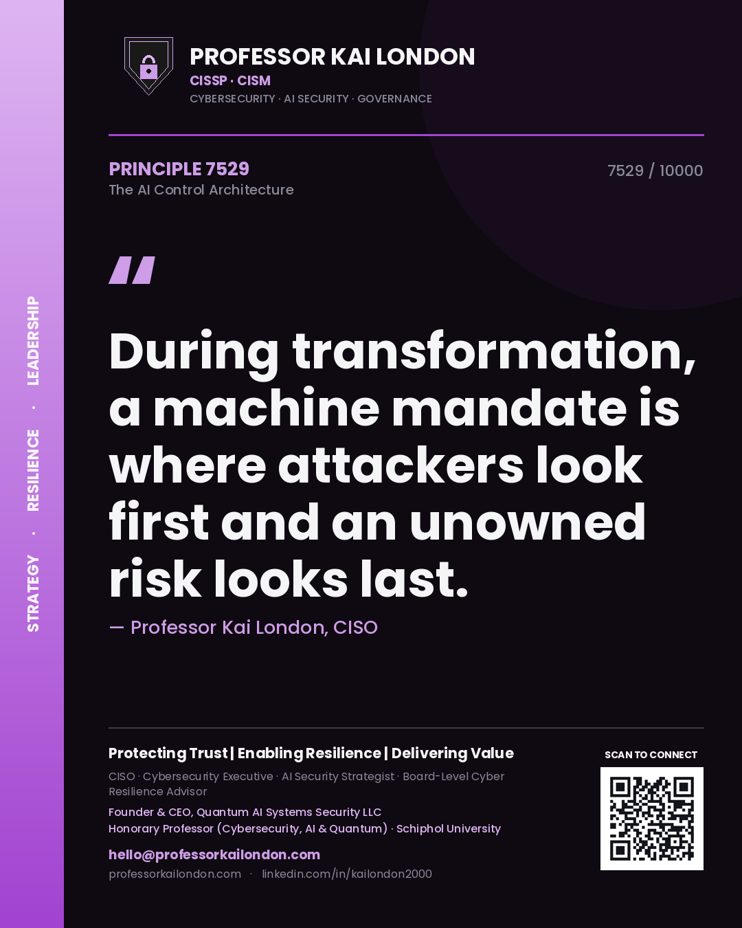 Quote card by Professor Kai London reading 'During transformation, a machine mandate is where attackers look first and an unowned risk looks last.'. From the book The AI Control Architecture.