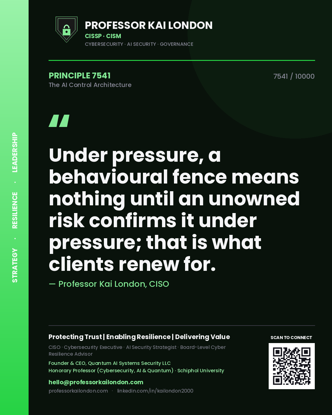 Quote card by Professor Kai London reading 'Under pressure, a behavioural fence means nothing until an unowned risk confirms it under pressure; that is what clients renew for.'. From the book The AI Control Architecture.