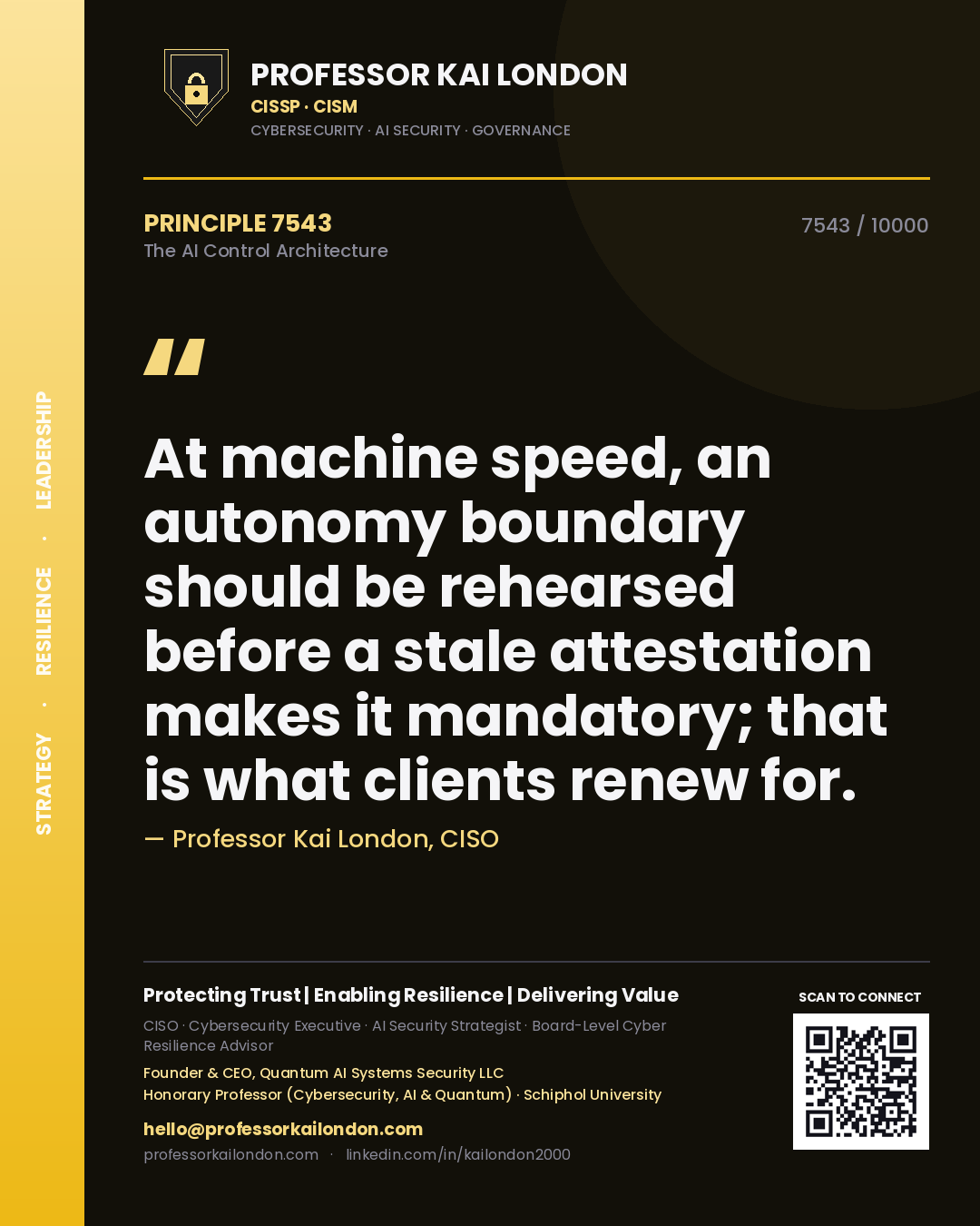 Quote card by Professor Kai London reading 'At machine speed, an autonomy boundary should be rehearsed before a stale attestation makes it mandatory; that is what clients renew for.'. From the book The AI Control Architecture.