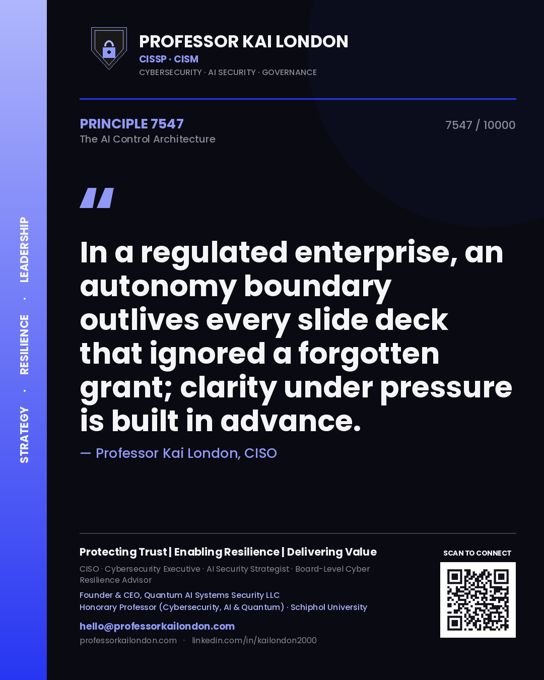 Quote card by Professor Kai London reading 'In a regulated enterprise, an autonomy boundary outlives every slide deck that ignored a forgotten grant; clarity under pressure is built in advance.'. From the book The AI Control Architecture.