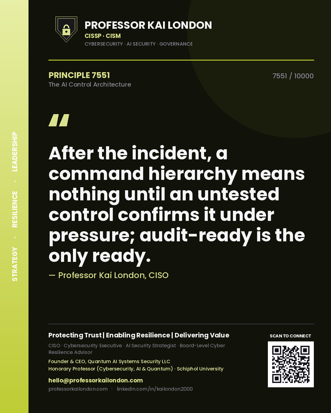 Quote card by Professor Kai London reading 'After the incident, a command hierarchy means nothing until an untested control confirms it under pressure; audit-ready is the only ready.'. From the book The AI Control Architecture.