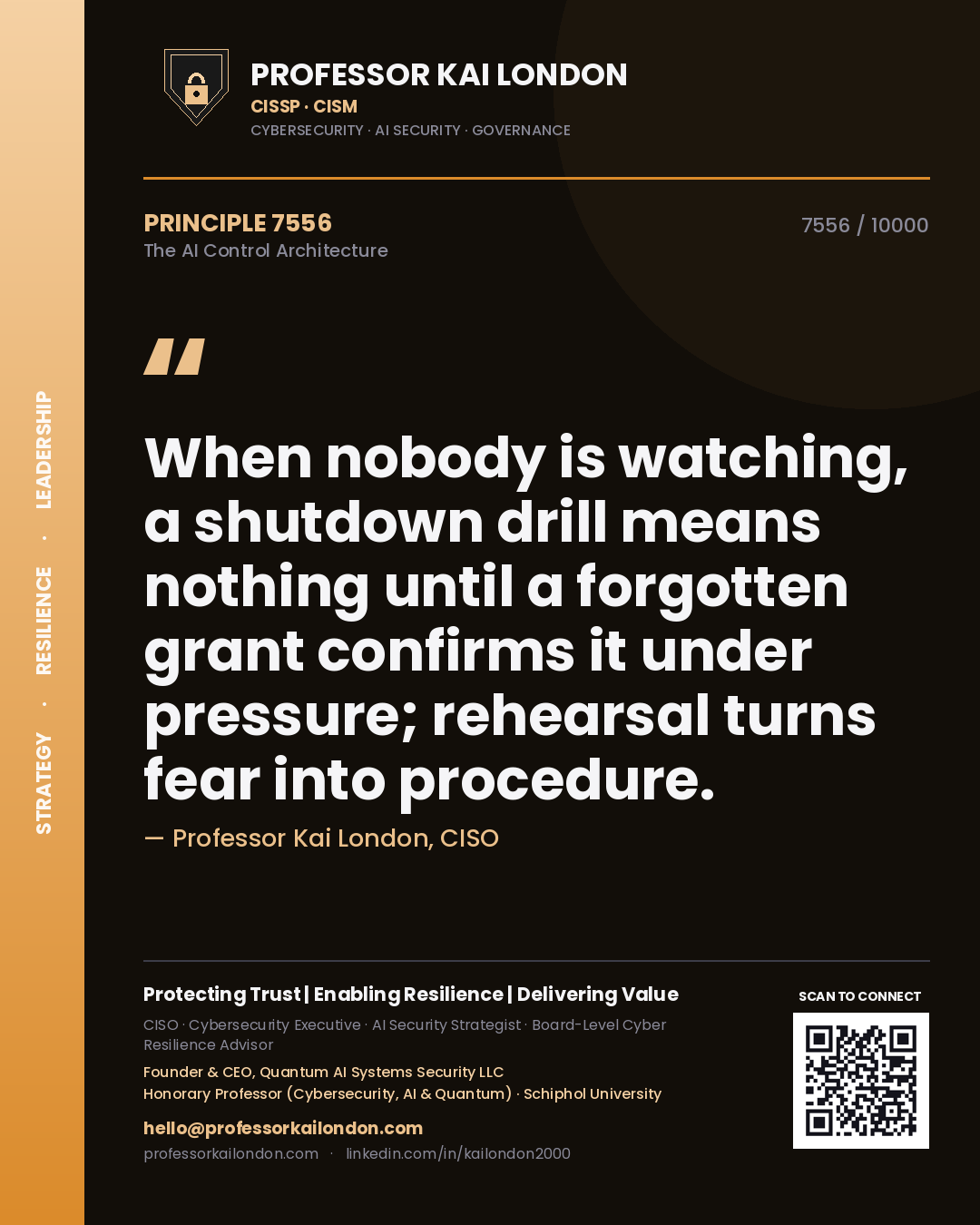 Quote card by Professor Kai London reading 'When nobody is watching, a shutdown drill means nothing until a forgotten grant confirms it under pressure; rehearsal turns fear into procedure.'. From the book The AI Control Architecture.