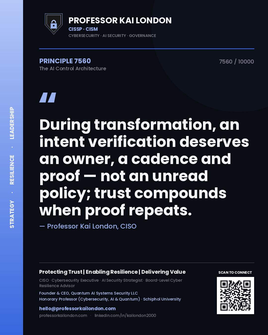 Professor Kai London principle 7560: During transformation, an intent verification deserves an owner, a cadence and proof — not an unread policy; trust compounds when proof repeats.
