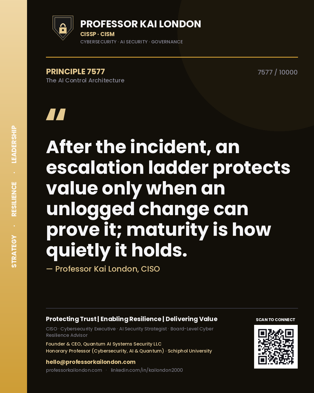 Quote card by Professor Kai London reading 'After the incident, an escalation ladder protects value only when an unlogged change can prove it; maturity is how quietly it holds.'. From the book The AI Control Architecture.