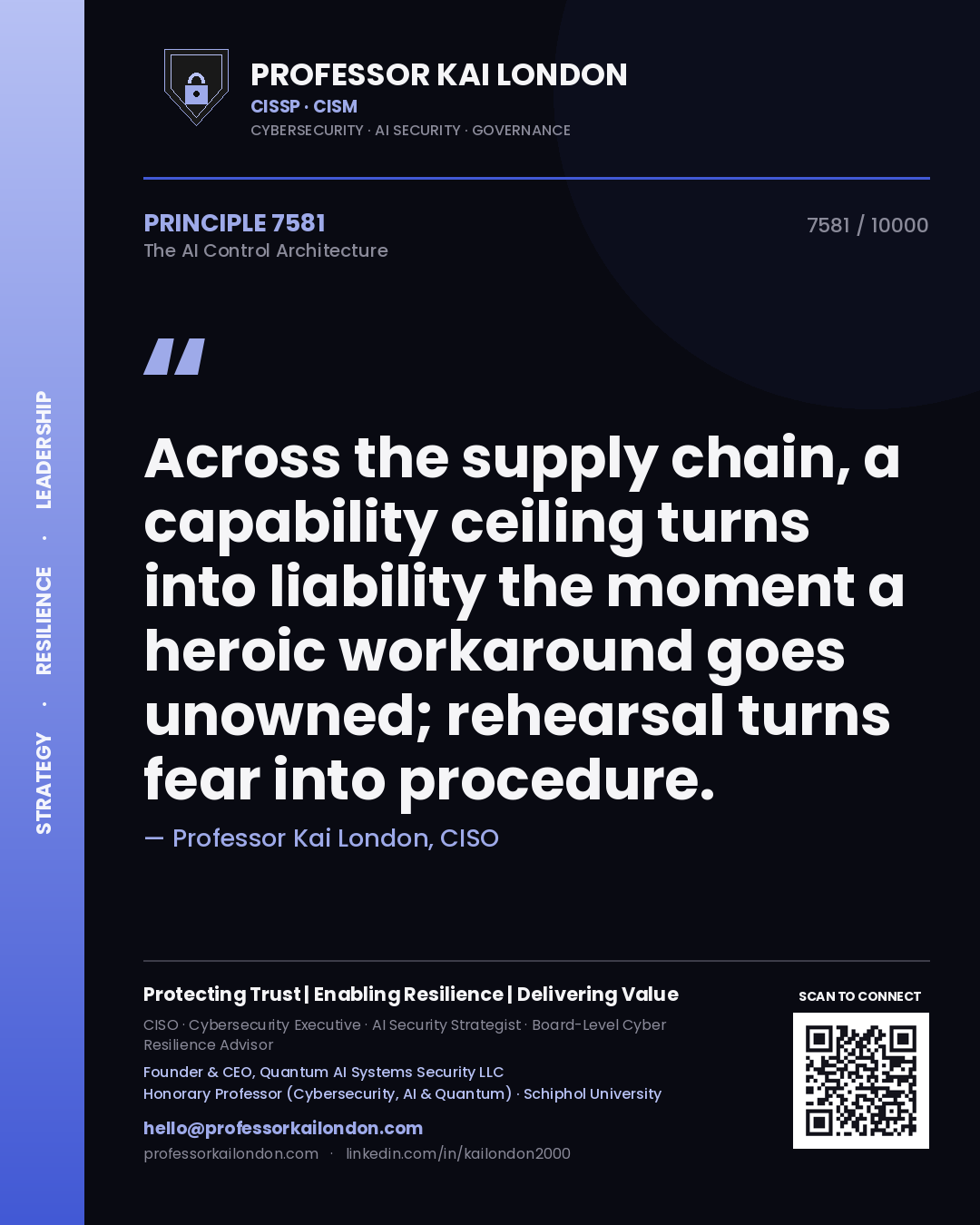 Professor Kai London principle 7581: Across the supply chain, a capability ceiling turns into liability the moment a heroic workaround goes unowned; rehearsal turns fear into procedure.