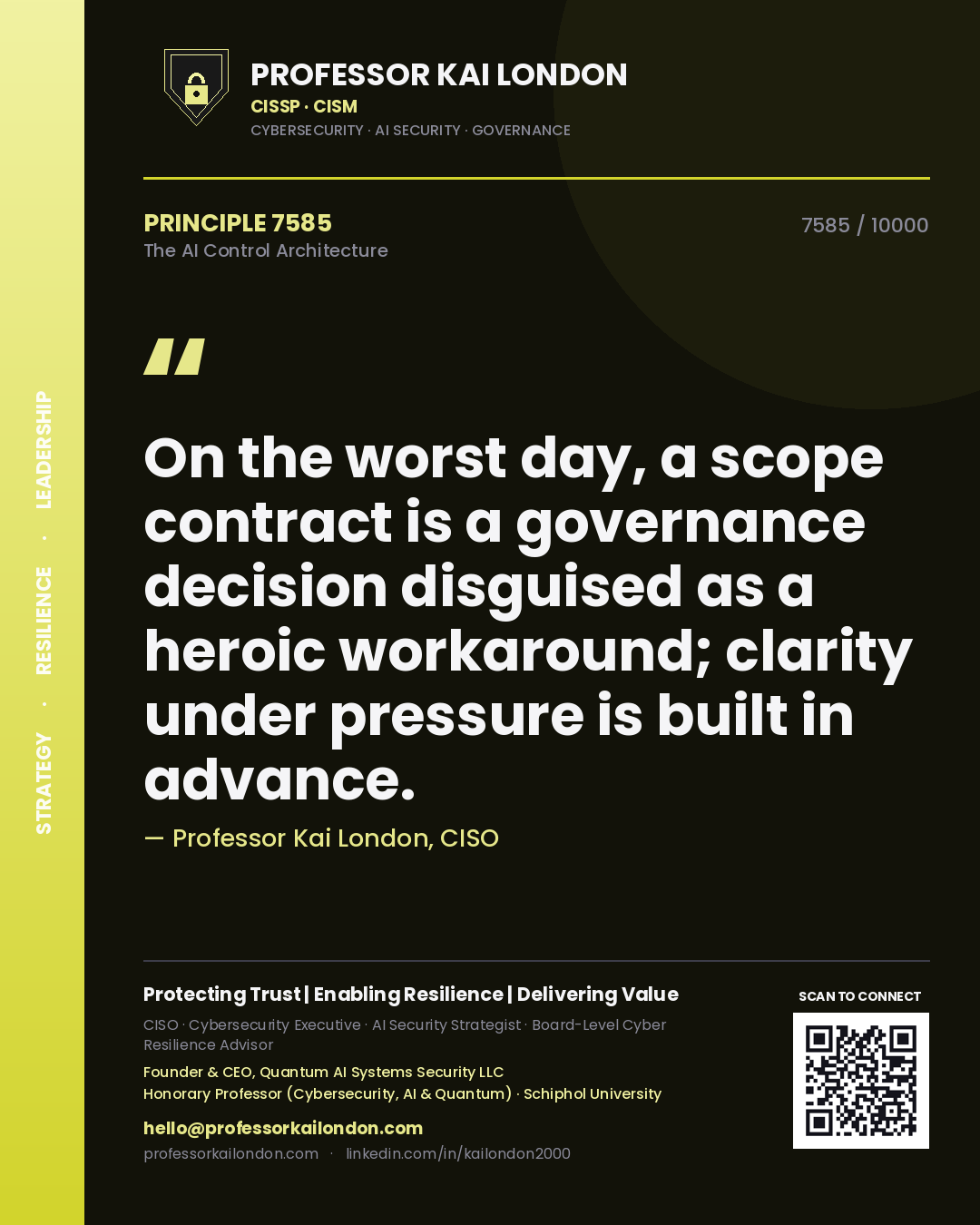 Quote card by Professor Kai London reading 'On the worst day, a scope contract is a governance decision disguised as a heroic workaround; clarity under pressure is built in advance.'. From the book The AI Control Architecture.