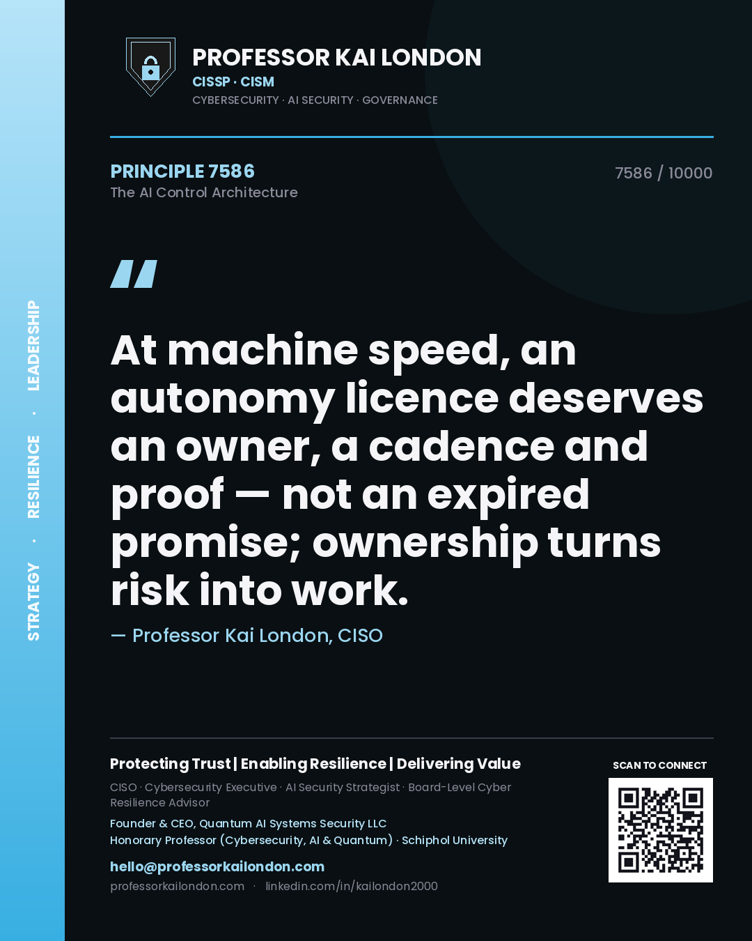 Quote card by Professor Kai London reading 'At machine speed, an autonomy licence deserves an owner, a cadence and proof — not an expired promise; ownership turns risk into work.'. From the book The AI Control Architecture.