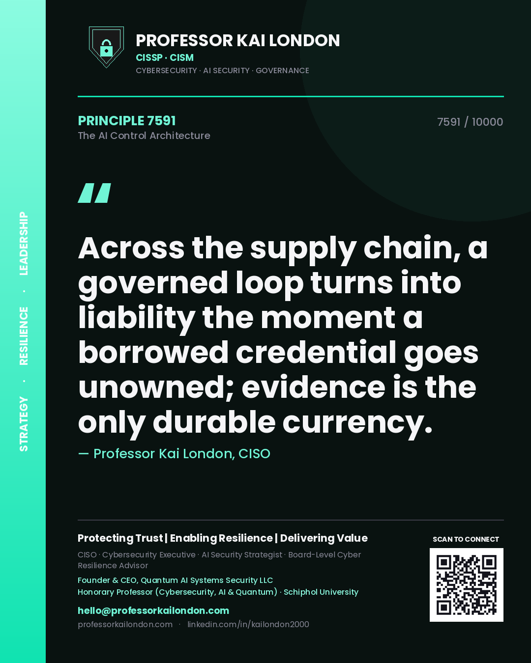 Quote card by Professor Kai London reading 'Across the supply chain, a governed loop turns into liability the moment a borrowed credential goes unowned; evidence is the only durable currency.'. From the book The AI Control Architecture.