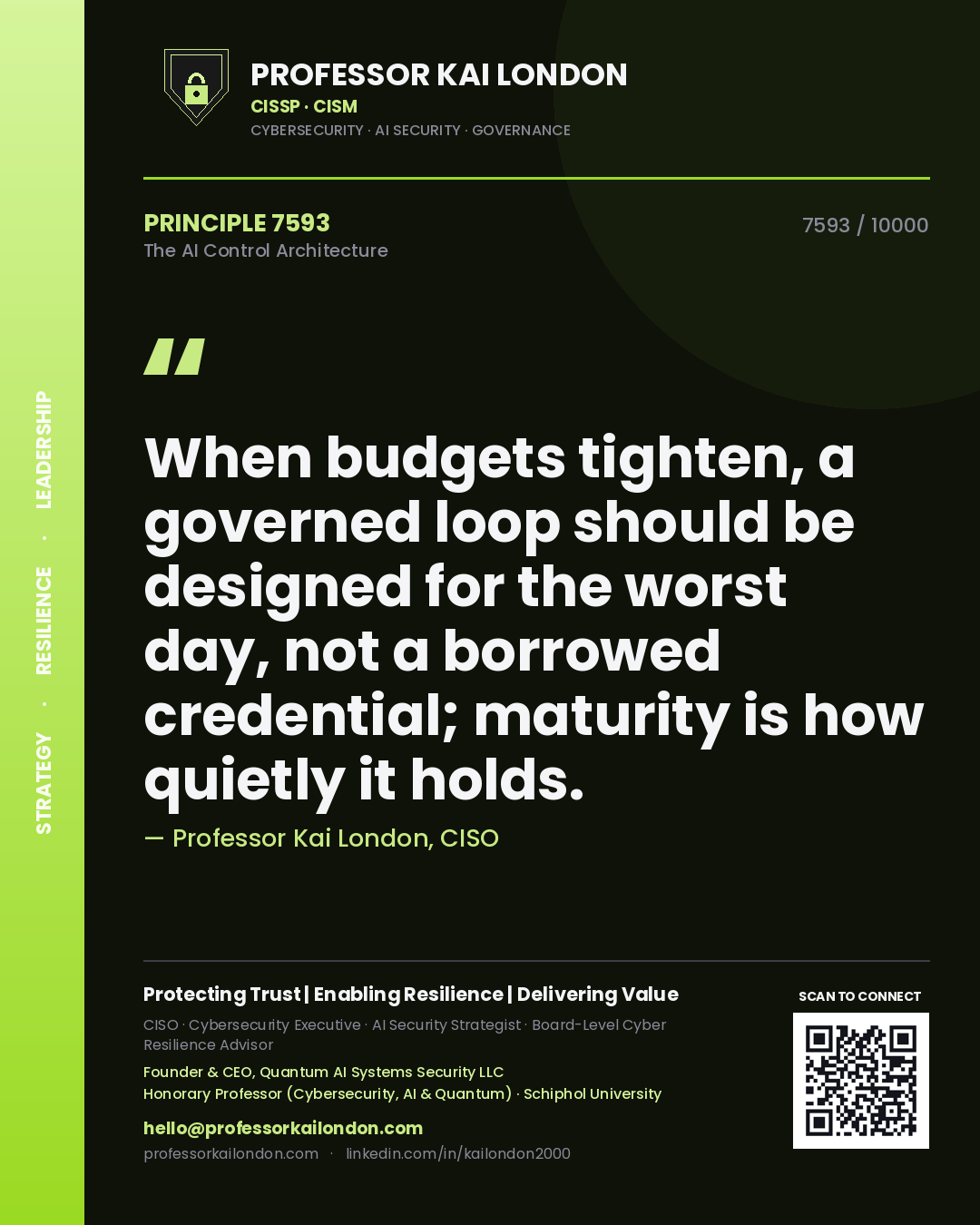 Professor Kai London principle 7593: When budgets tighten, a governed loop should be designed for the worst day, not a borrowed credential; maturity is how quietly it holds.