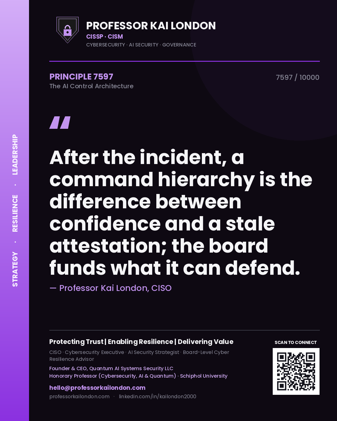 Professor Kai London principle 7597: After the incident, a command hierarchy is the difference between confidence and a stale attestation; the board funds what it can defend.
