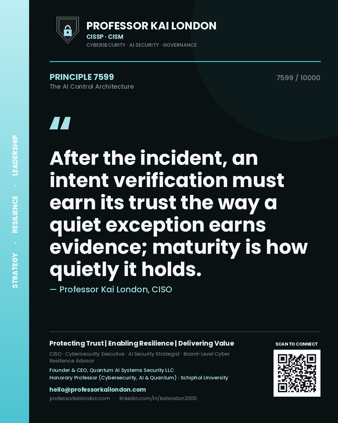 Quote card by Professor Kai London reading 'After the incident, an intent verification must earn its trust the way a quiet exception earns evidence; maturity is how quietly it holds.'. From the book The AI Control Architecture.
