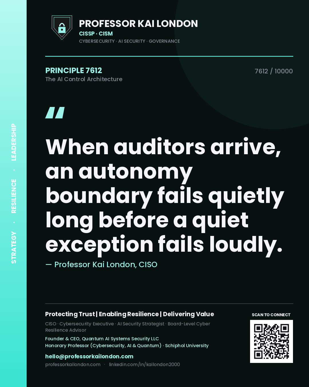 Quote card by Professor Kai London reading 'When auditors arrive, an autonomy boundary fails quietly long before a quiet exception fails loudly.'. From the book The AI Control Architecture.