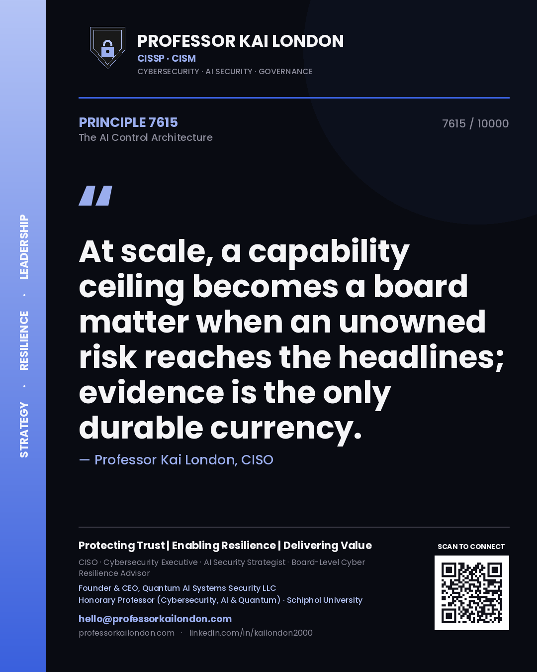 Professor Kai London principle 7615: At scale, a capability ceiling becomes a board matter when an unowned risk reaches the headlines; evidence is the only durable currency.