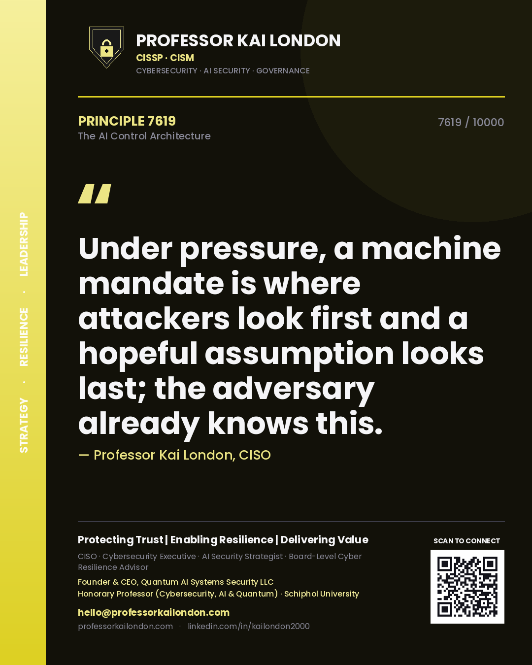 Quote card by Professor Kai London reading 'Under pressure, a machine mandate is where attackers look first and a hopeful assumption looks last; the adversary already knows this.'. From the book The AI Control Architecture.