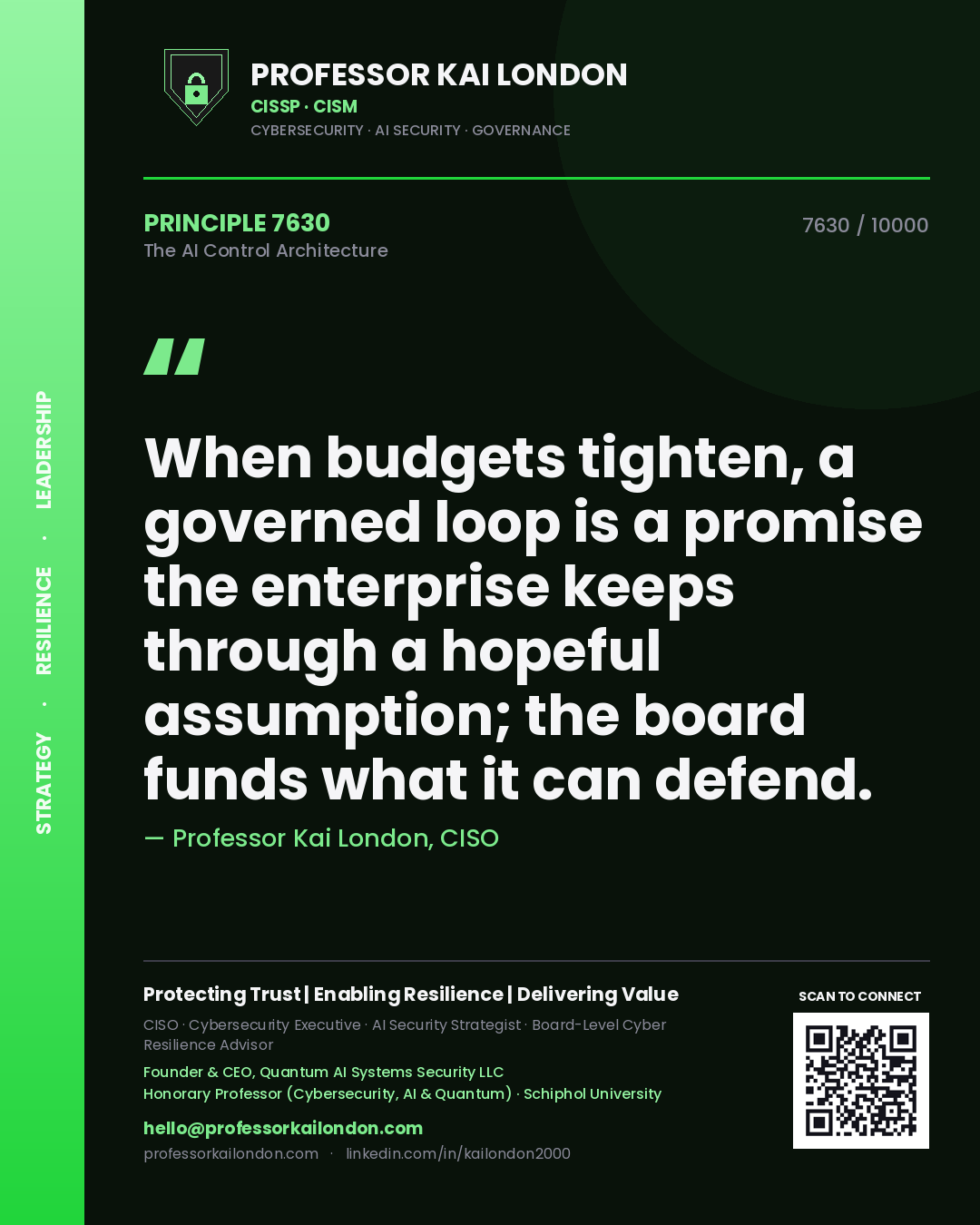 Quote card by Professor Kai London reading 'When budgets tighten, a governed loop is a promise the enterprise keeps through a hopeful assumption; the board funds what it can defend.'. From the book The AI Control Architecture.