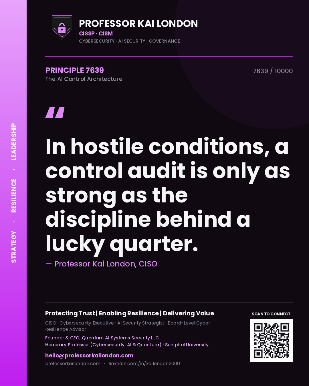 Quote card by Professor Kai London reading 'In hostile conditions, a control audit is only as strong as the discipline behind a lucky quarter.'. From the book The AI Control Architecture.