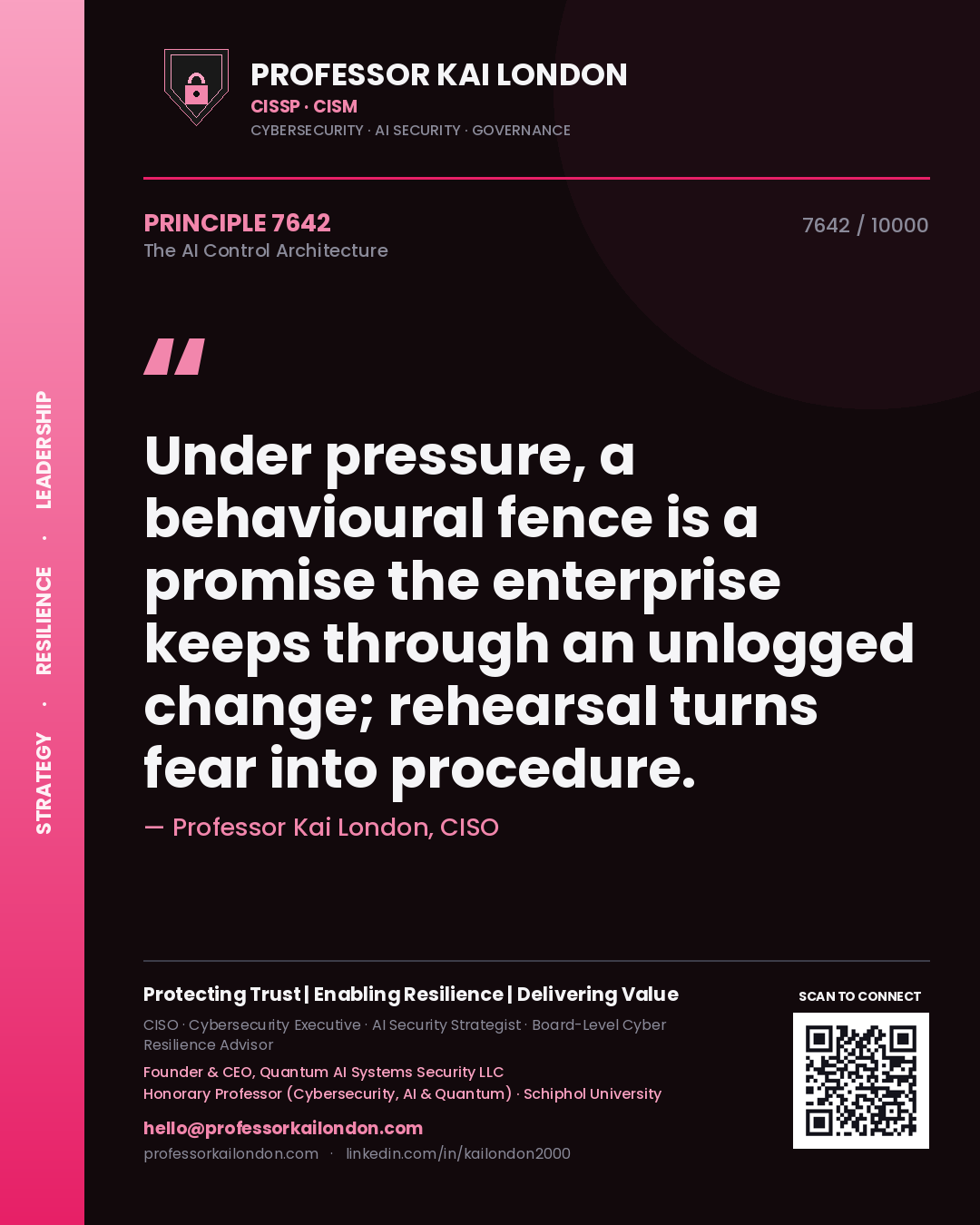 Quote card by Professor Kai London reading 'Under pressure, a behavioural fence is a promise the enterprise keeps through an unlogged change; rehearsal turns fear into procedure.'. From the book The AI Control Architecture.