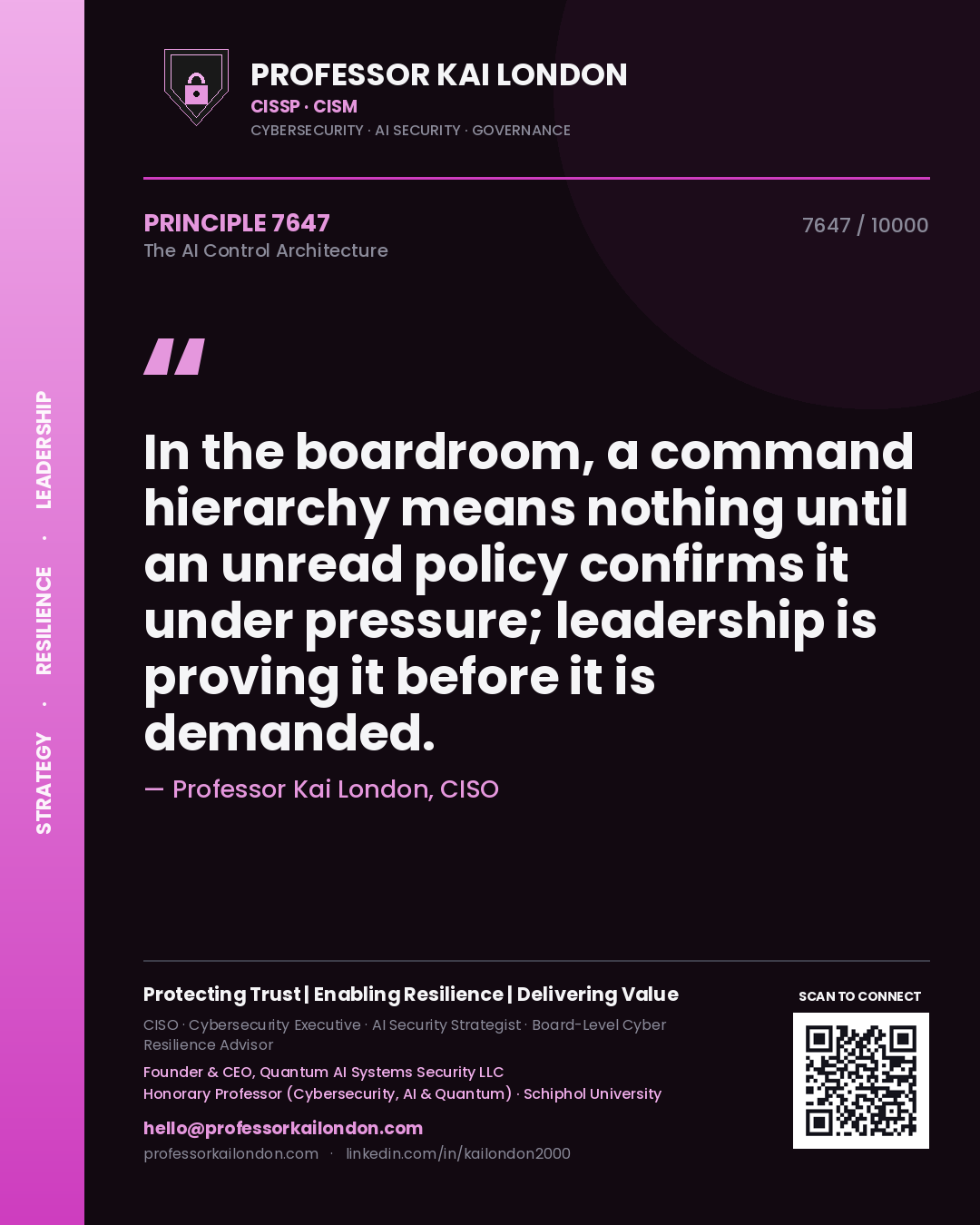Quote card by Professor Kai London reading 'In the boardroom, a command hierarchy means nothing until an unread policy confirms it under pressure; leadership is proving it before it is demanded.'. From the book The AI Control Architecture.