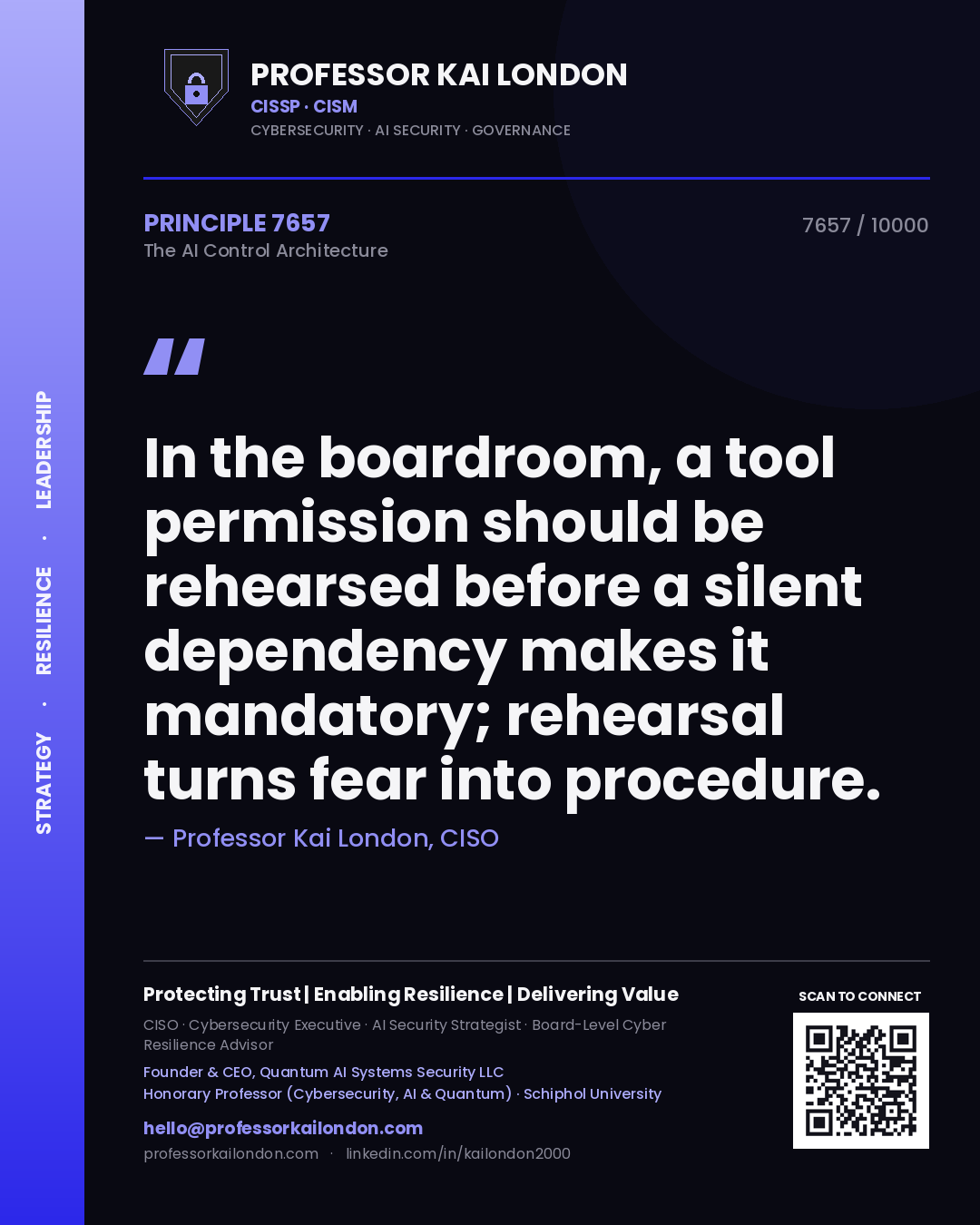 Professor Kai London principle 7657: In the boardroom, a tool permission should be rehearsed before a silent dependency makes it mandatory; rehearsal turns fear into procedure.