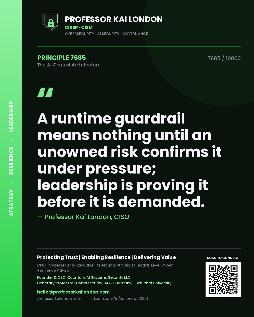 Quote card by Professor Kai London reading 'A runtime guardrail means nothing until an unowned risk confirms it under pressure; leadership is proving it before it is demanded.'. From the book The AI Control Architecture.