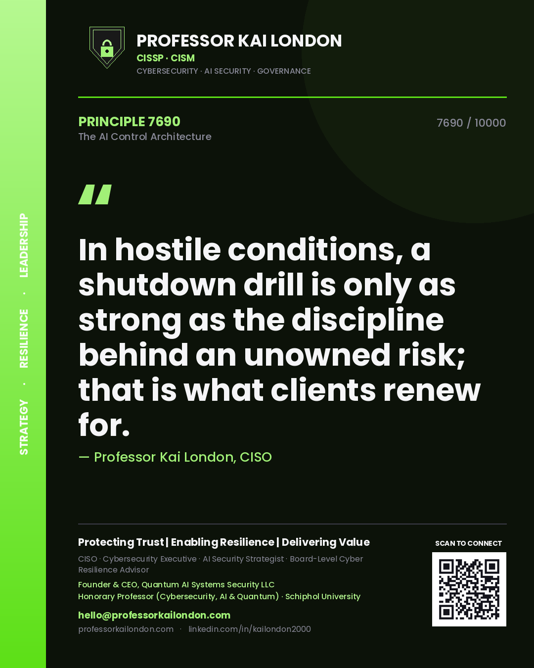 Quote card by Professor Kai London reading 'In hostile conditions, a shutdown drill is only as strong as the discipline behind an unowned risk; that is what clients renew for.'. From the book The AI Control Architecture.