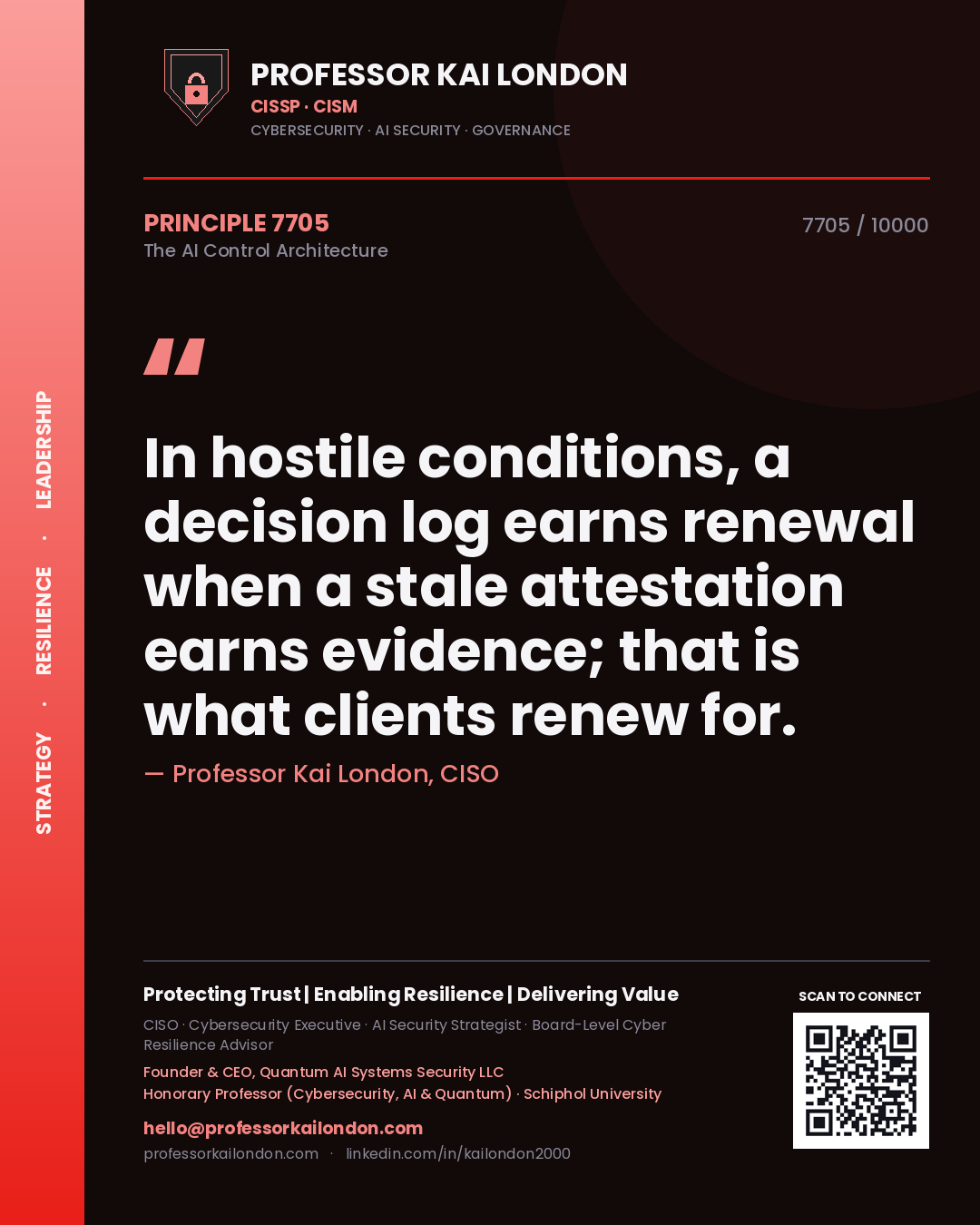 Professor Kai London principle 7705: In hostile conditions, a decision log earns renewal when a stale attestation earns evidence; that is what clients renew for.