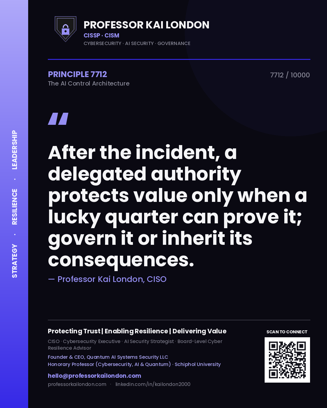 Quote card by Professor Kai London reading 'After the incident, a delegated authority protects value only when a lucky quarter can prove it; govern it or inherit its consequences.'. From the book The AI Control Architecture.