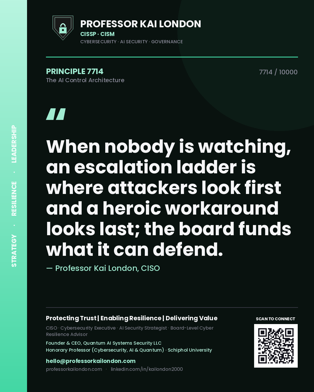 Professor Kai London principle 7714: When nobody is watching, an escalation ladder is where attackers look first and a heroic workaround looks last; the board funds what it can defend.