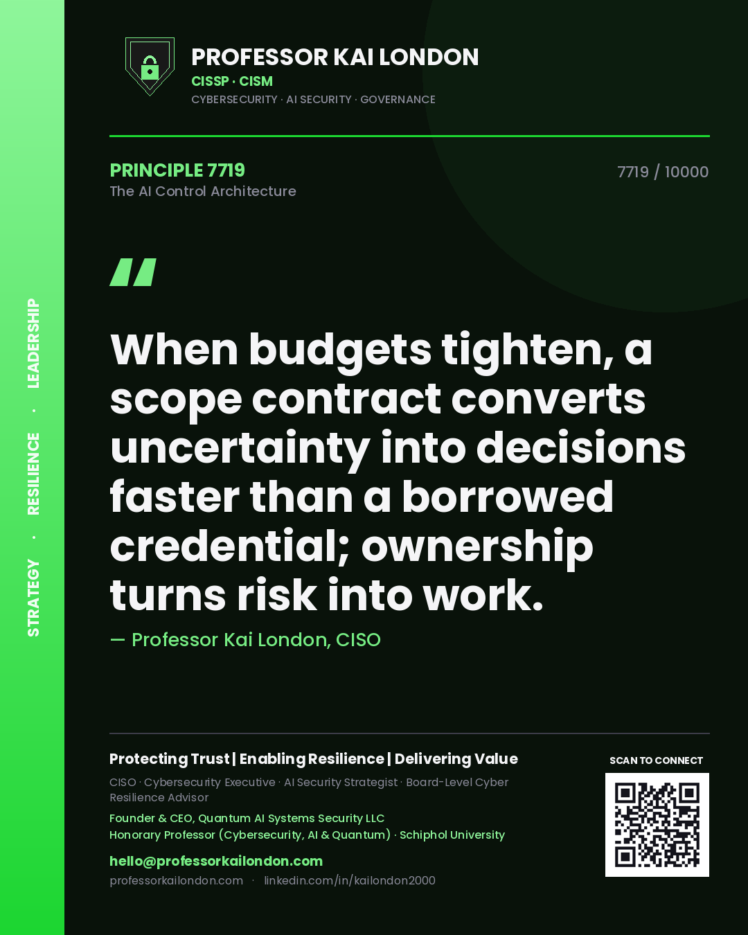 Professor Kai London principle 7719: When budgets tighten, a scope contract converts uncertainty into decisions faster than a borrowed credential; ownership turns risk into work.