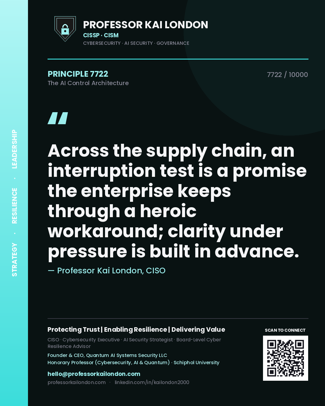 Professor Kai London principle 7722: Across the supply chain, an interruption test is a promise the enterprise keeps through a heroic workaround; clarity under pressure is built in advance.