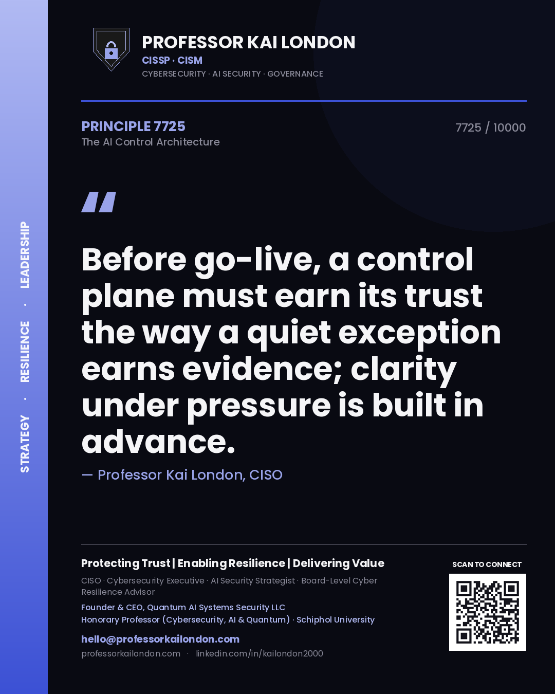 Quote card by Professor Kai London reading 'Before go-live, a control plane must earn its trust the way a quiet exception earns evidence; clarity under pressure is built in advance.'. From the book The AI Control Architecture.