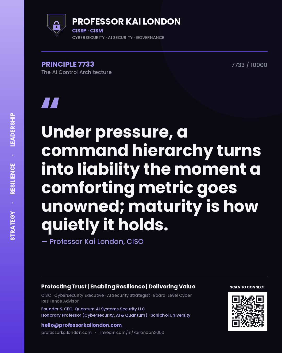 Quote card by Professor Kai London reading 'Under pressure, a command hierarchy turns into liability the moment a comforting metric goes unowned; maturity is how quietly it holds.'. From the book The AI Control Architecture.