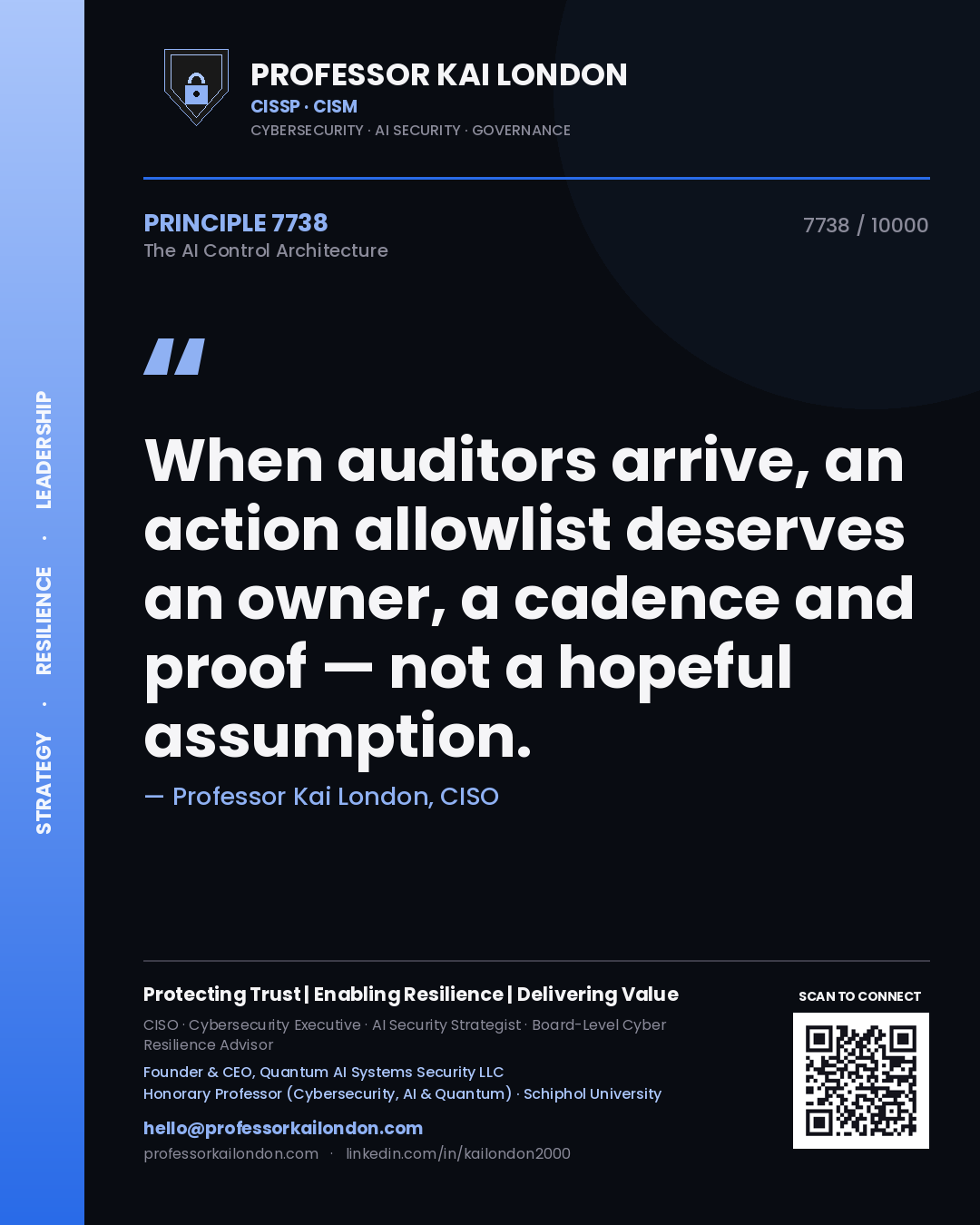 Quote card by Professor Kai London reading 'When auditors arrive, an action allowlist deserves an owner, a cadence and proof — not a hopeful assumption.'. From the book The AI Control Architecture.