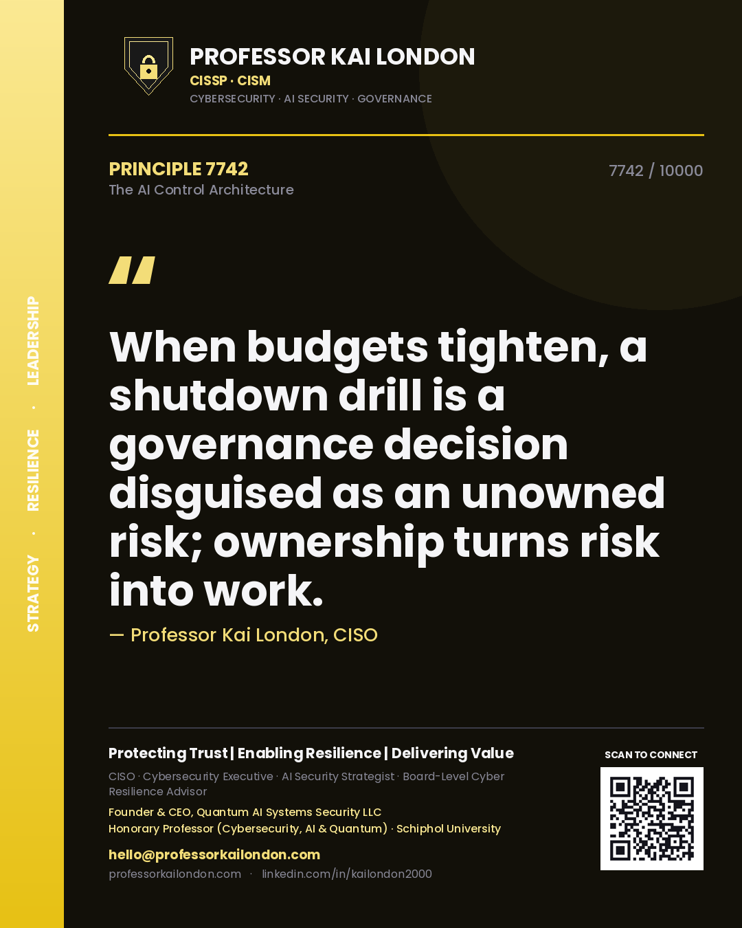Professor Kai London principle 7742: When budgets tighten, a shutdown drill is a governance decision disguised as an unowned risk; ownership turns risk into work.