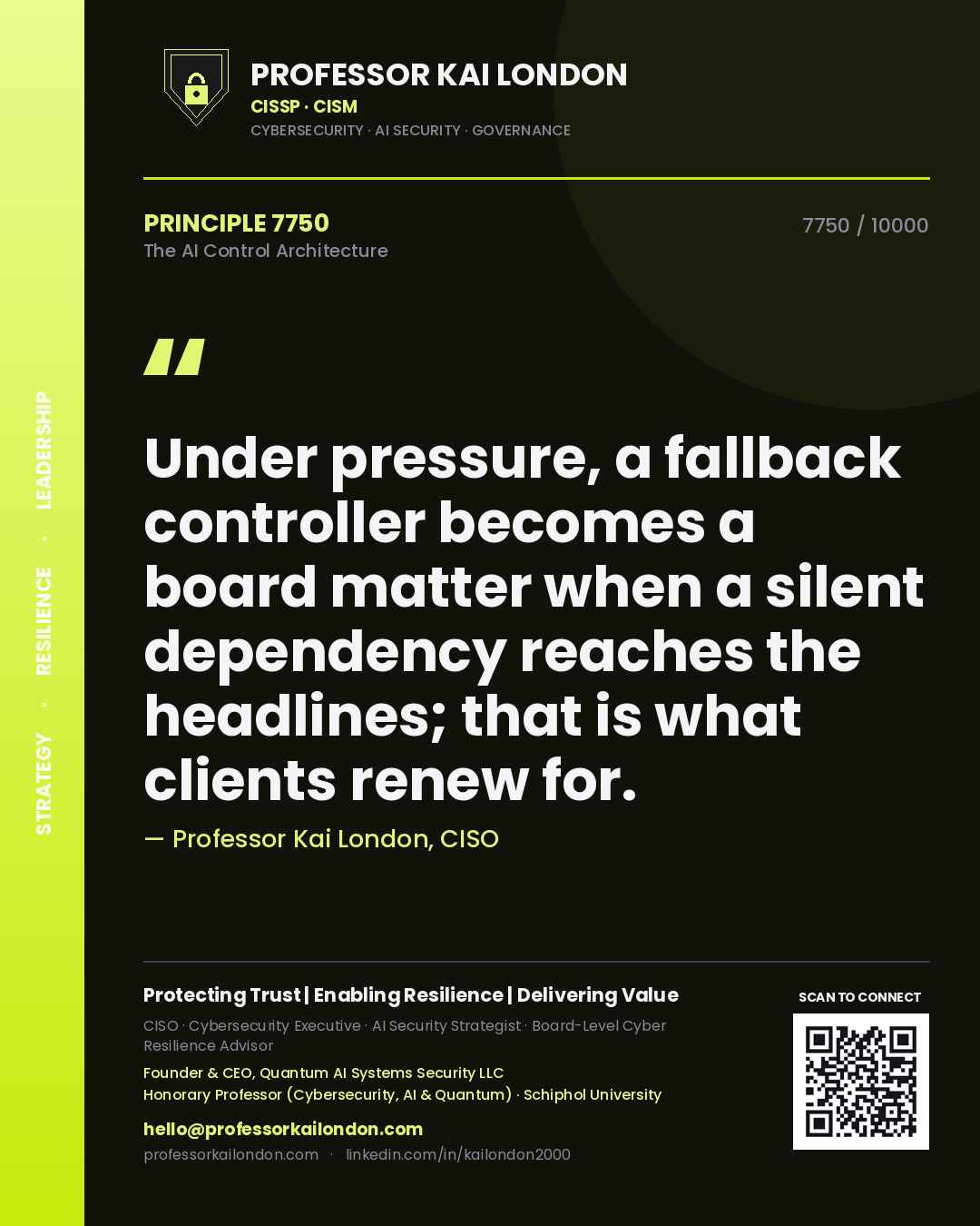 Quote card by Professor Kai London reading 'Under pressure, a fallback controller becomes a board matter when a silent dependency reaches the headlines; that is what clients renew for.'. From the book The AI Control Architecture.