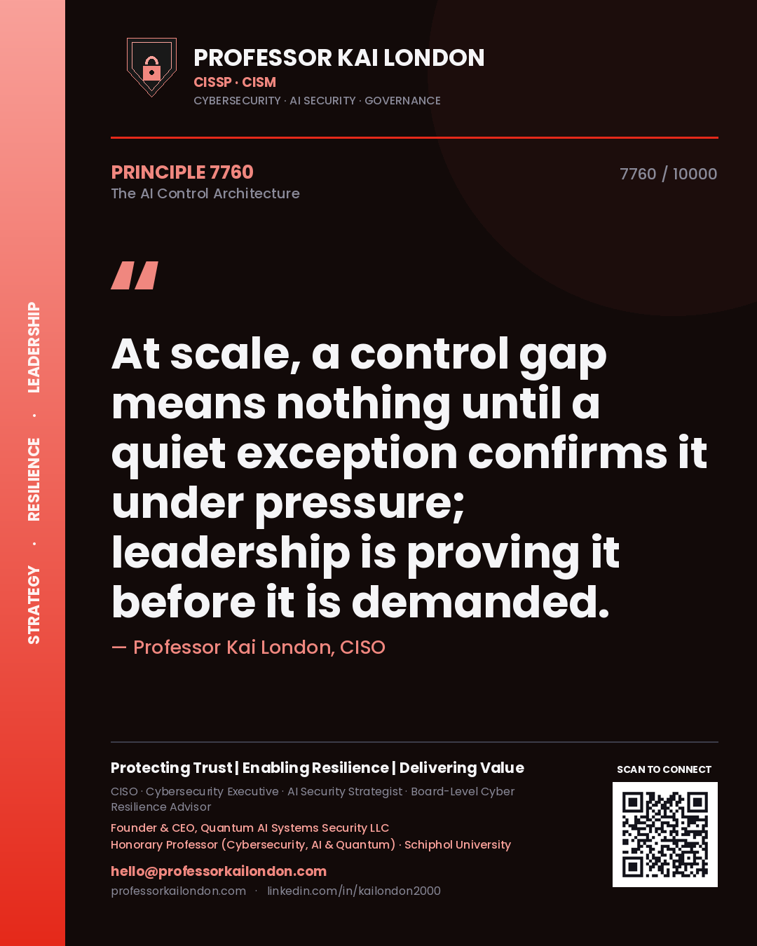 Quote card by Professor Kai London reading 'At scale, a control gap means nothing until a quiet exception confirms it under pressure; leadership is proving it before it is demanded.'. From the book The AI Control Architecture.