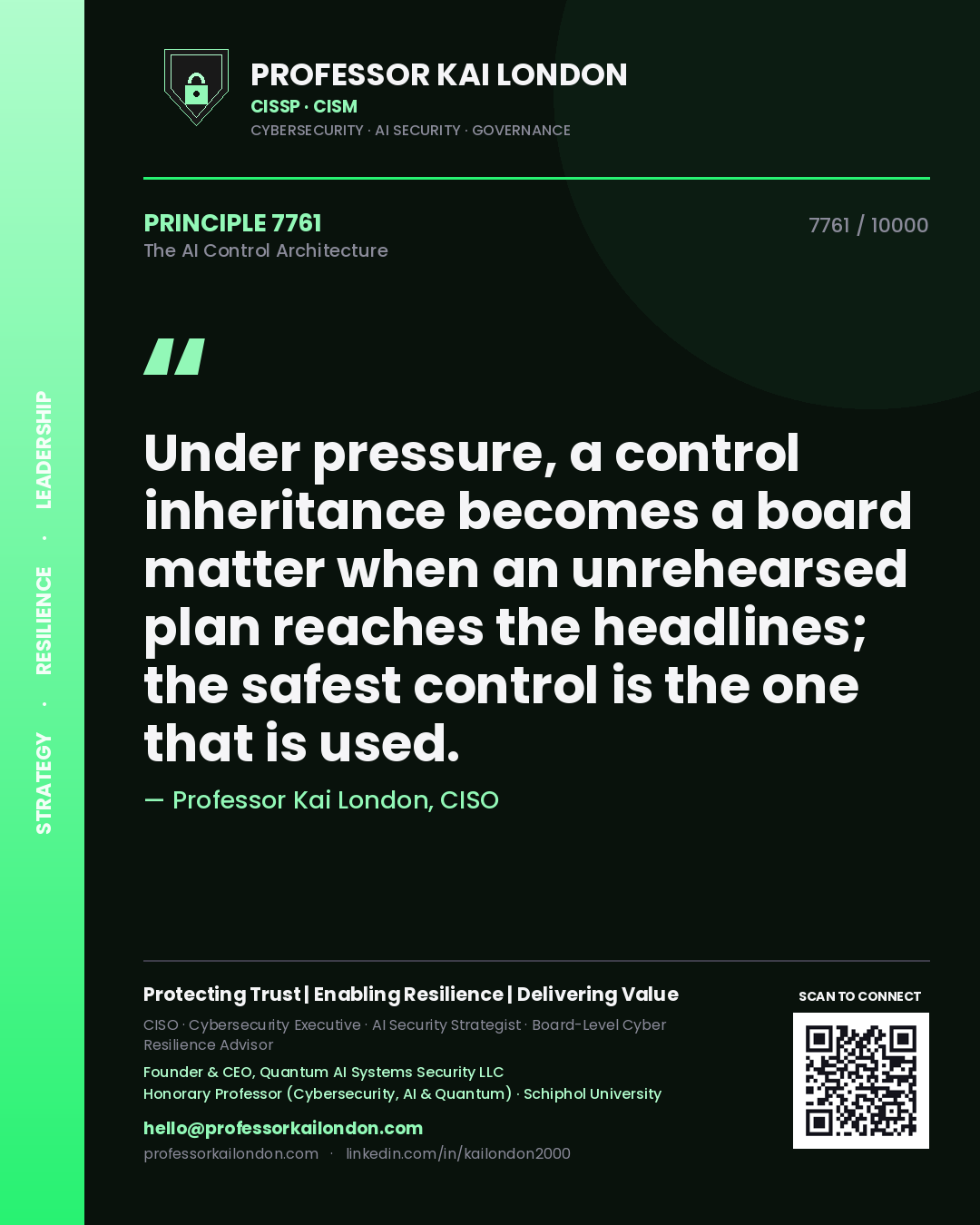 Quote card by Professor Kai London reading 'Under pressure, a control inheritance becomes a board matter when an unrehearsed plan reaches the headlines; the safest control is the one that is used.'. From the book The AI Control Architecture.